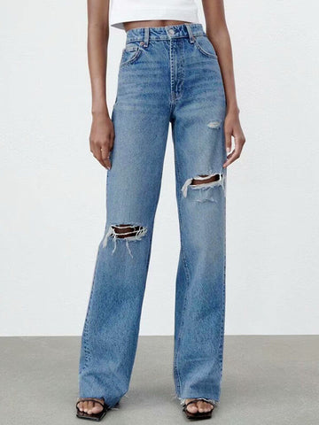 Woochic longue jeans droit larges jambes évasé déchiré troué femme mode Bleu XS